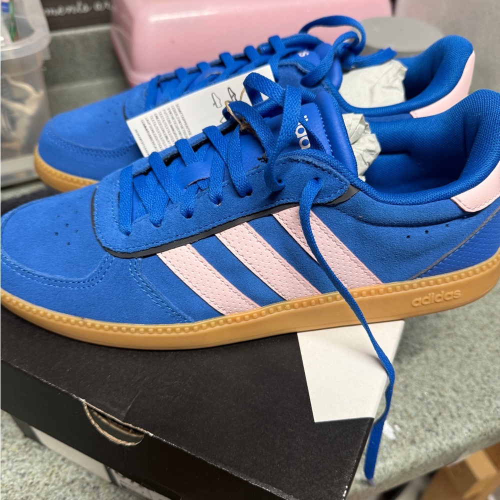 adidas Blue Suede Sneakers with Light Pink Stripes